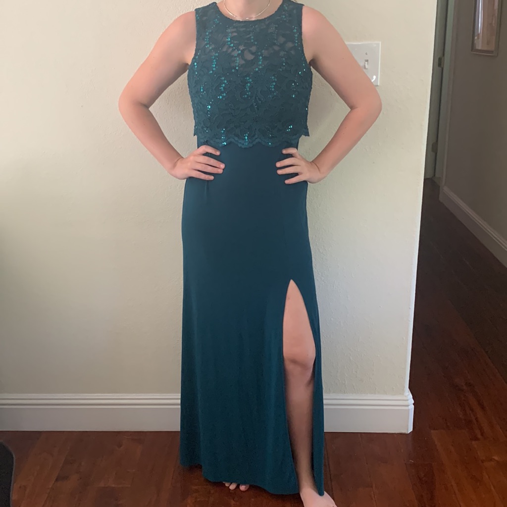 Davids Bridal Long Dress Sz 6p Nw Nightway Emerald Green Sequin Lace Sleeveless